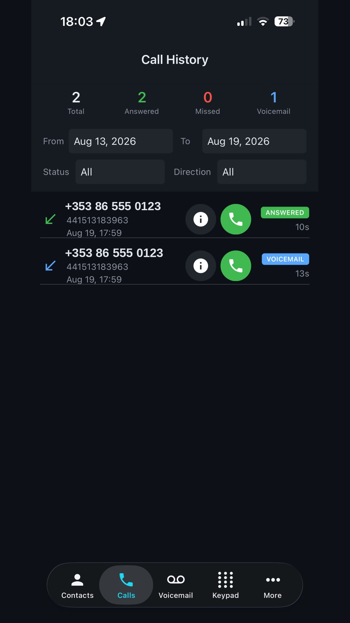 Calls tab showing summary counters and a filterable list of calls