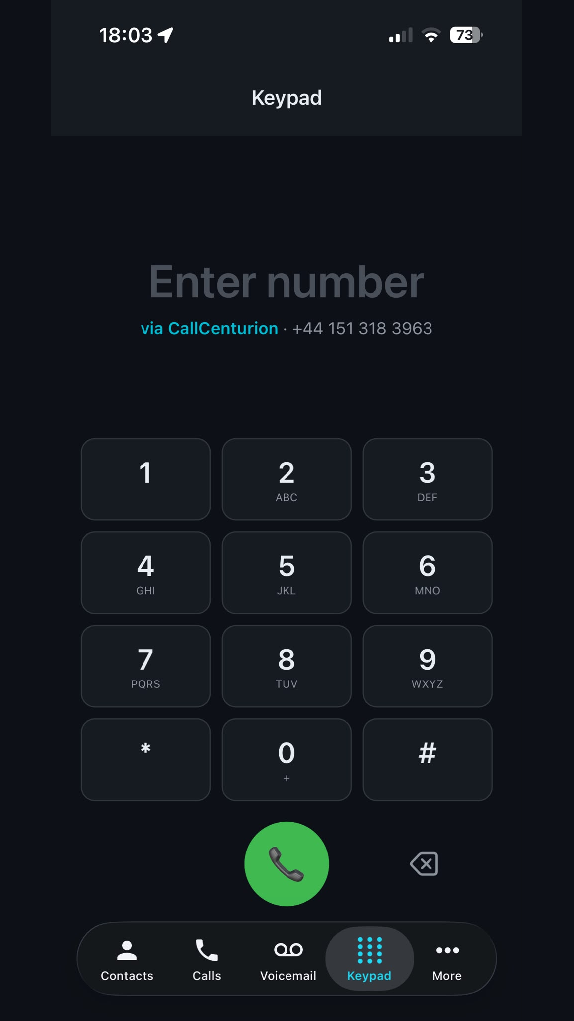 Keypad tab with a dial pad and the outbound caller ID shown above