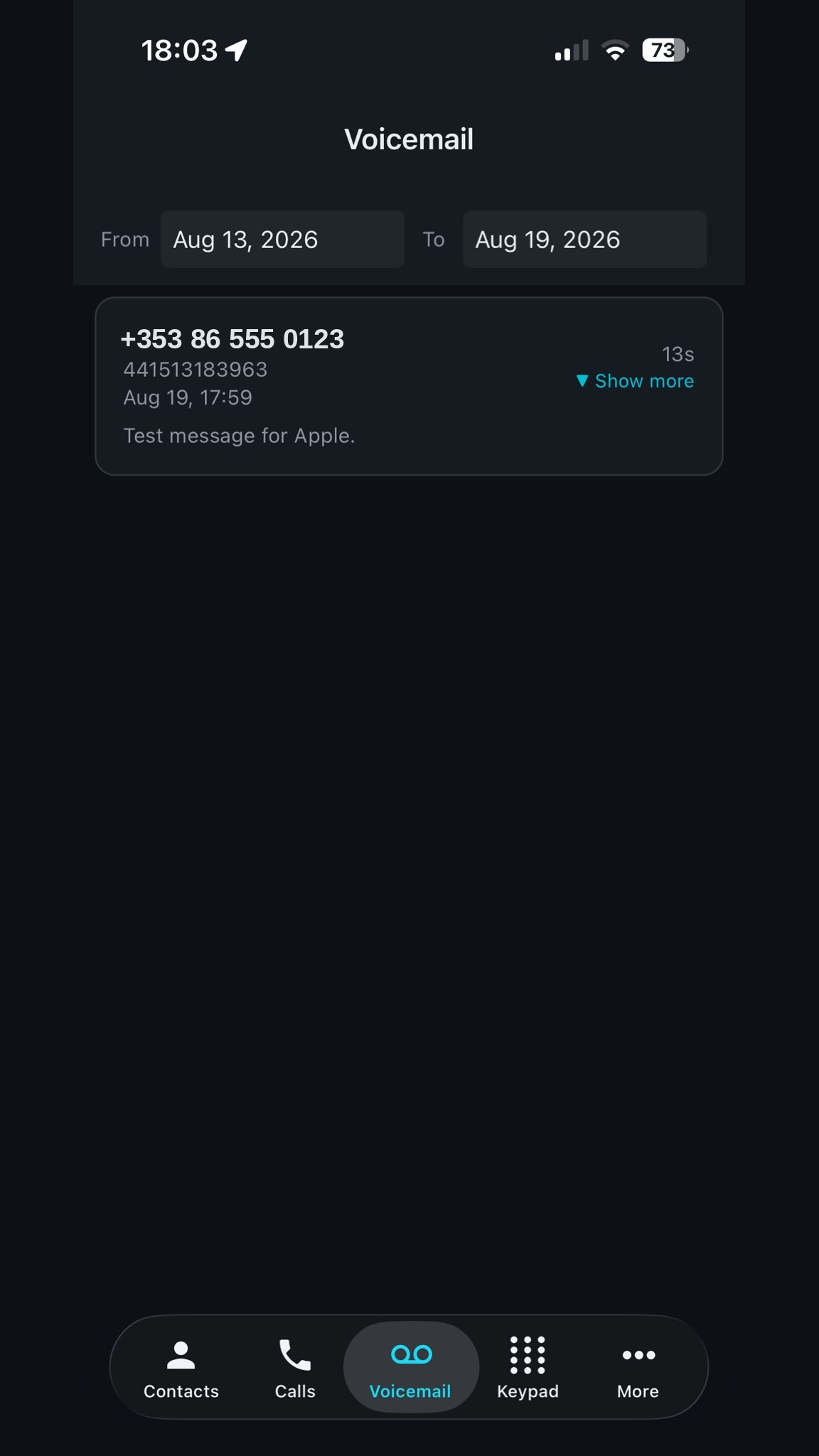 Voicemail tab listing messages with play controls and transcripts