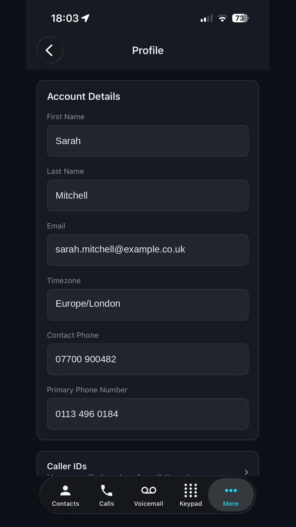 Profile screen showing account details and caller ID management